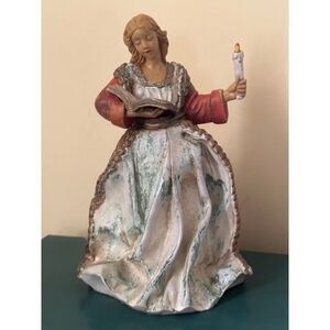Vintage hand painted ceramic girl figurine Christmas caroler with candle